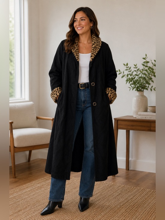 Russell Athletic Jackets & Blazers - Russell Scott Vintage Coat Black Wool Blend Leopard Trim Long Elegant USA